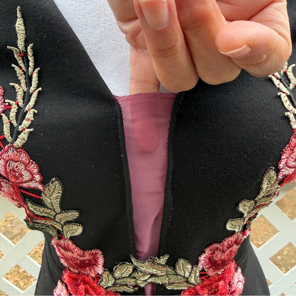 Mystic LA Romantic Roses Black Embroidered Skater Dress Small Plunge Neck Goth - Picture 8 of 11